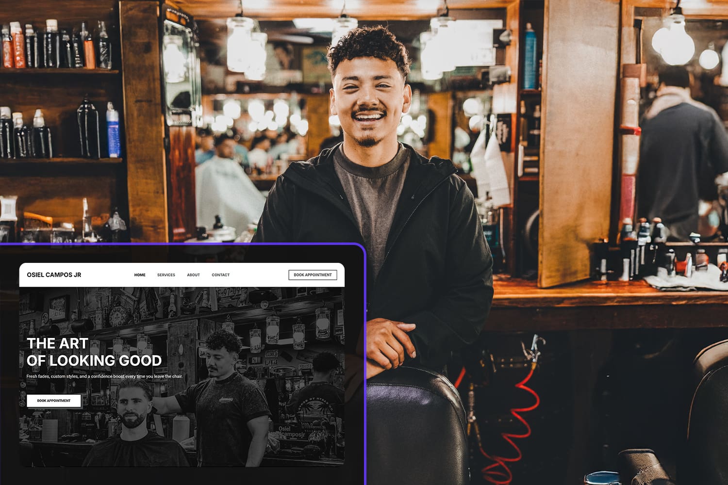 Osiel Campos Jr standing behind his barber chair, with an overlay of his Ad Armory website