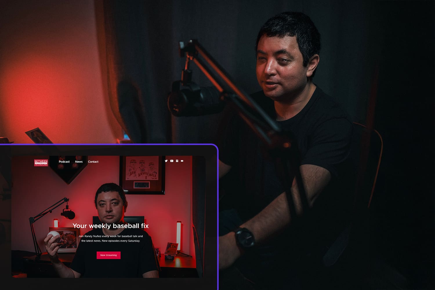 Randy Nuñez speaking into the mic on the Between the Chalk Lines baseball podcast with an overlay of his Ad Armory website